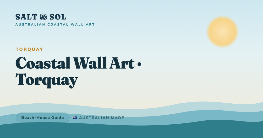Moody surf photography and cool-blue coastal wall art styled in a Torquay Surf Coast home