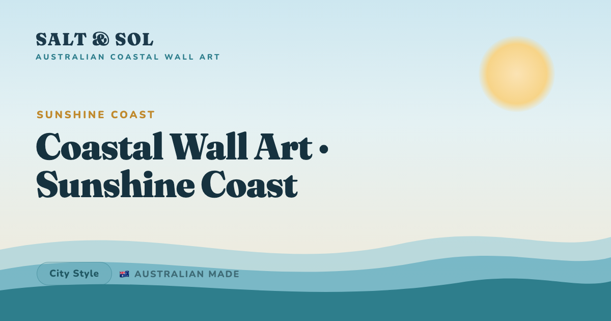 Warm coastal canvas print styled on a timber-lined wall in an open Sunshine Coast beach house