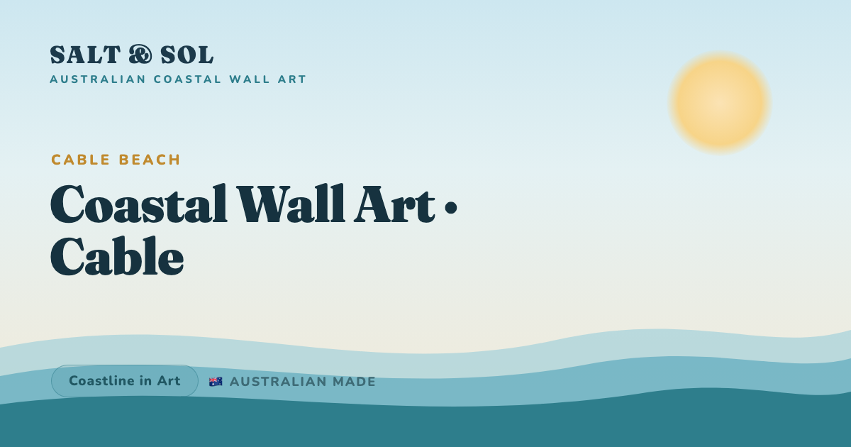 Coastal wall art of Cable Beach Broome showing red pindan cliffs, white sand and turquoise Indian Ocean at sunset