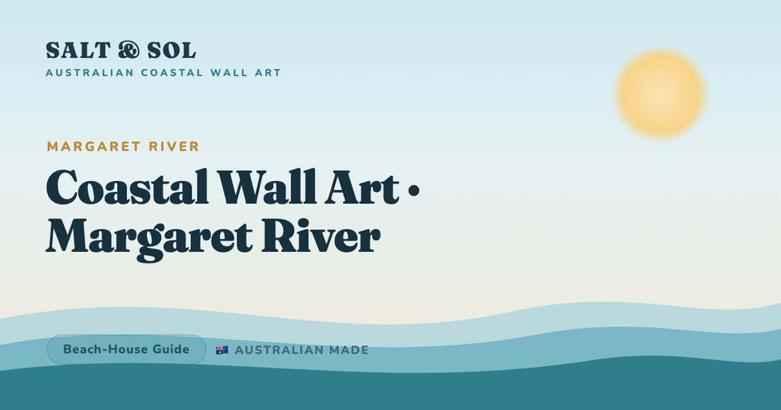 Coastal wall art of the Margaret River region — Indian Ocean swell, granite headlands and karri forest, styled in a timber and rammed-earth home
