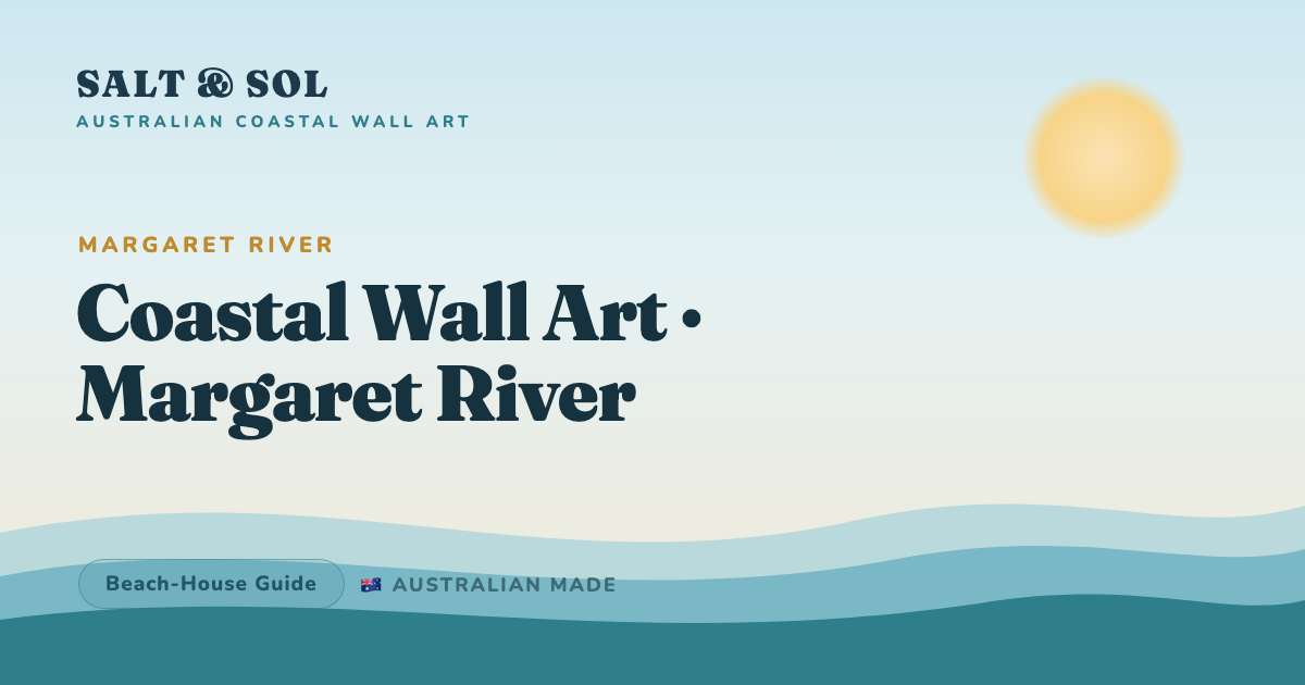 Coastal wall art of the Margaret River region — Indian Ocean swell, granite headlands and karri forest, styled in a timber and rammed-earth home