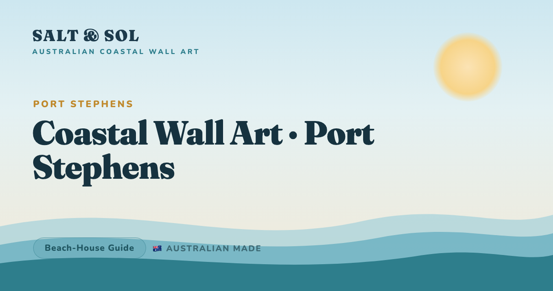 Soft bay-blue and dune-neutral coastal wall art styled in a relaxed Port Stephens beach house