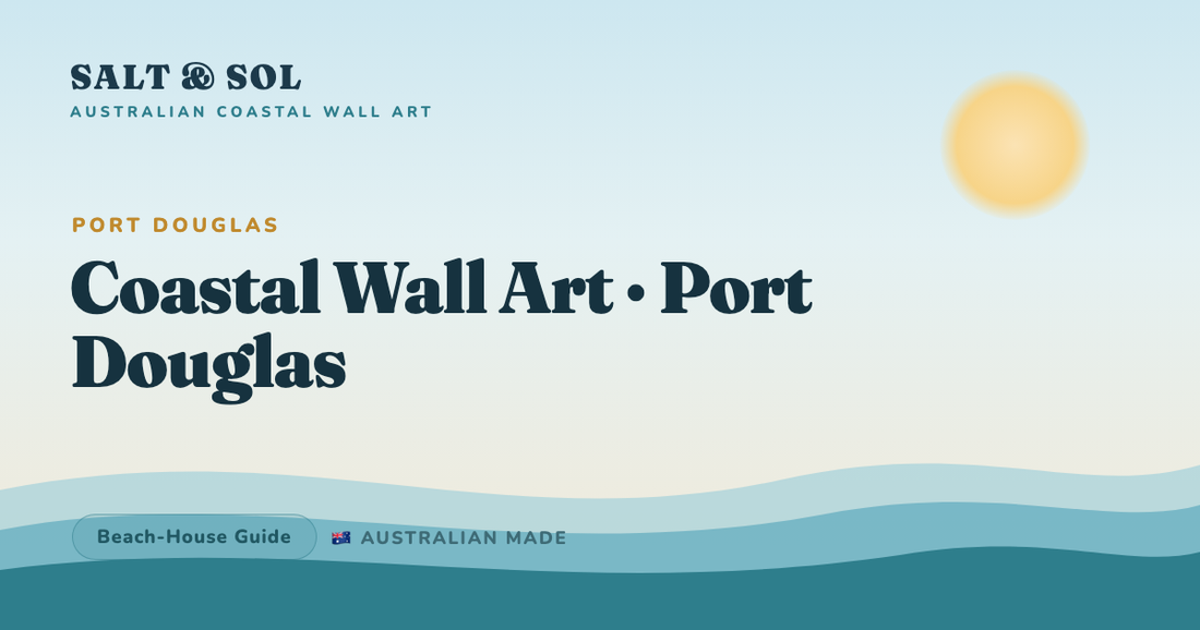 Tropical coastal wall art in a Port Douglas Queenslander home, with turquoise reef water and jungle-green Daintree tones against white walls and timber.