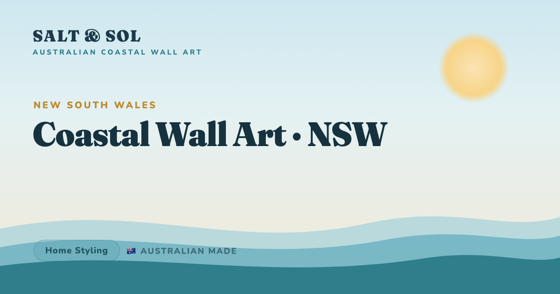 Blue coastal photography wall art styled above a sofa in a relaxed New South Wales beach home