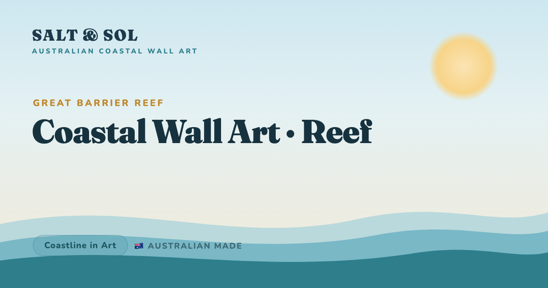 Coastal wall art of the Great Barrier Reef showing coral-pink and apricot coral against turquoise tropical water
