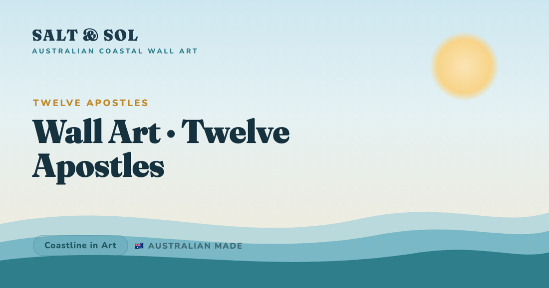 Twelve Apostles limestone stacks in the Southern Ocean at golden hour, framed as coastal wall art