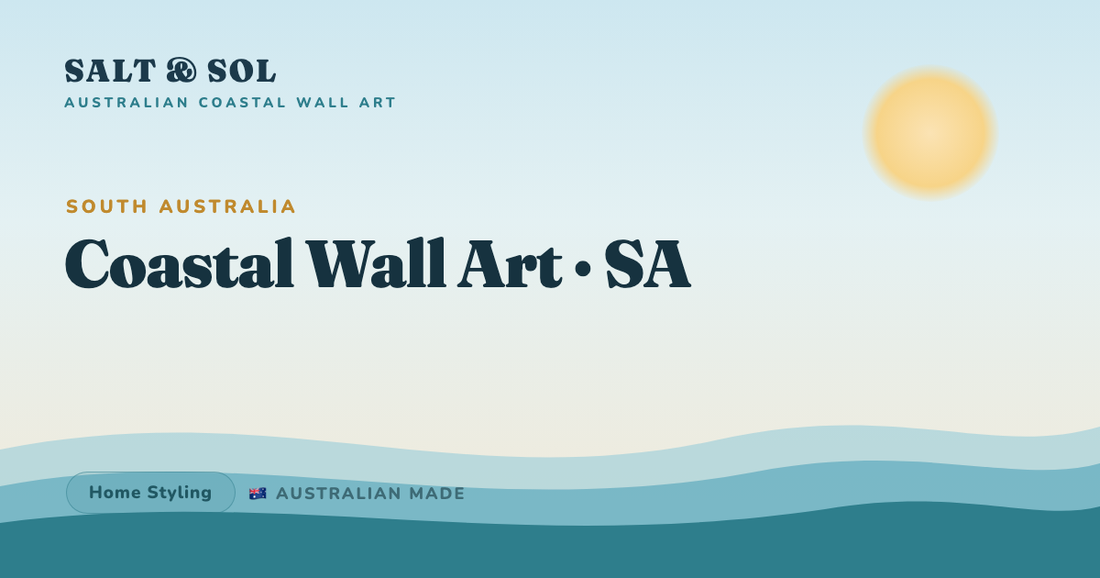 Soft gulf-blue painterly coastal wall art styled in a warm-lit heritage South Australian villa room