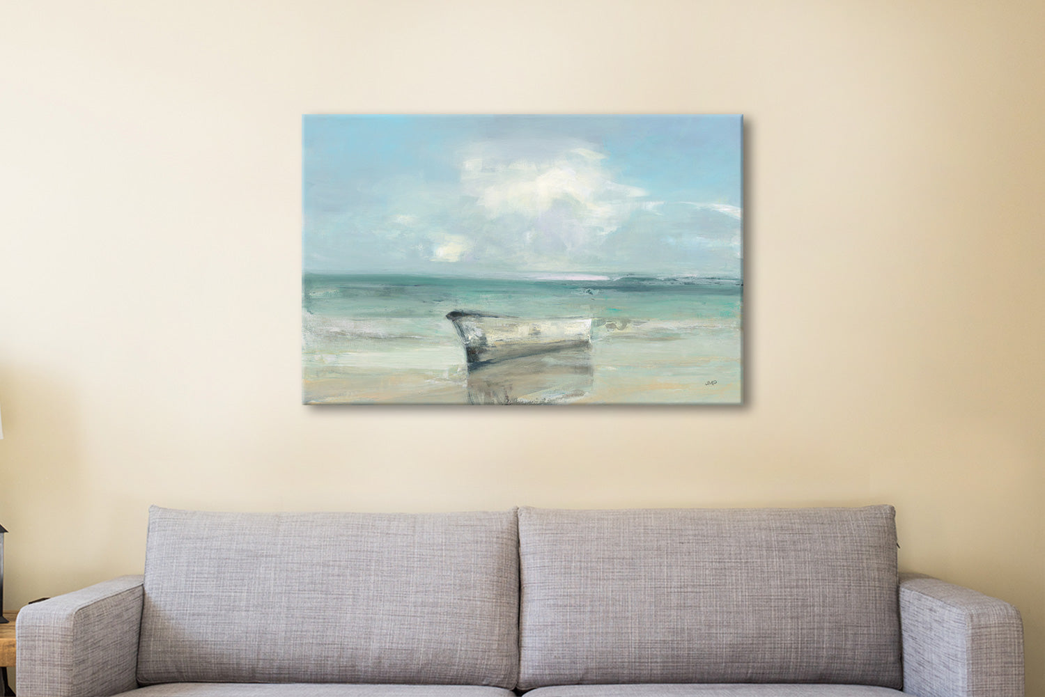 Ashore coastal canvas print in a long Queenslander hallway with timber floor