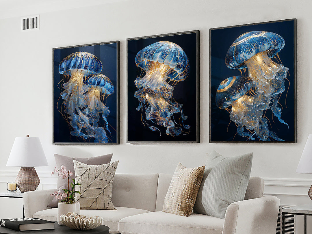 Midnight Jellyfish Collection: Abstract Coastal Art in Blue, White and Gold
