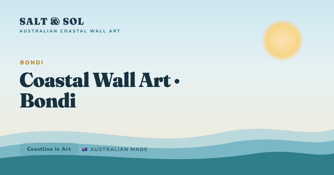 Aerial coastal wall art of Bondi Beach showing the curved gold sand, ocean pool and deep Pacific blue water
