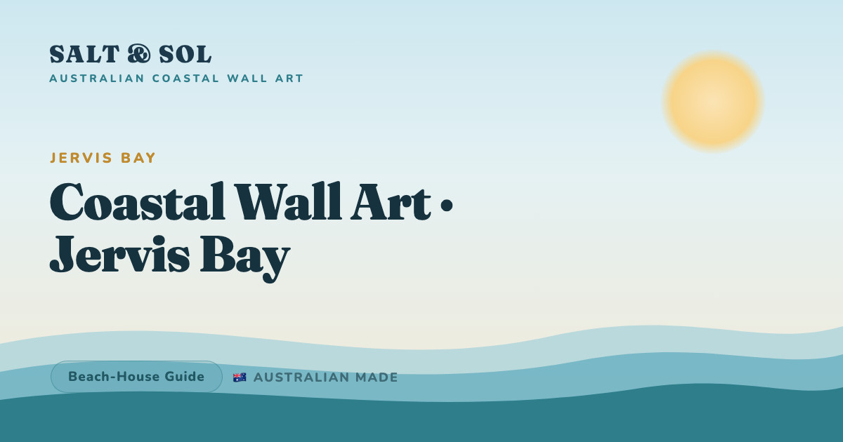 Pale turquoise and white-sand coastal wall art styled in a bright Jervis Bay beach house living room