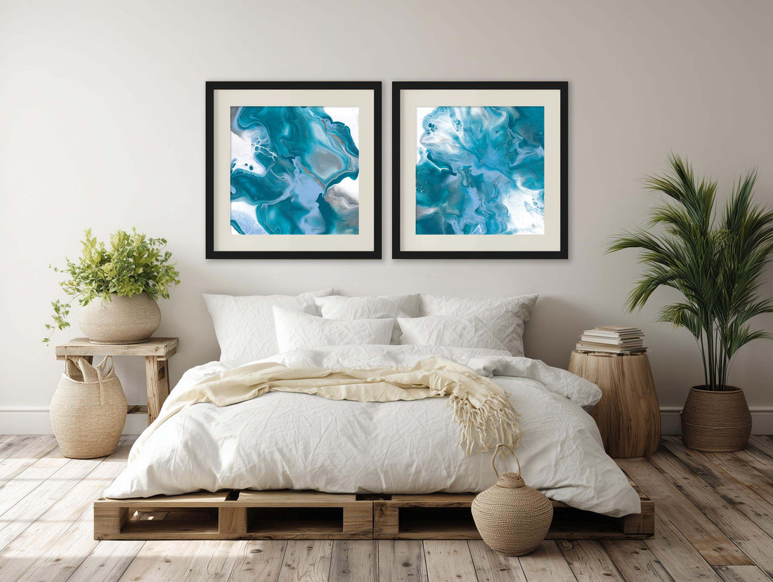 Oak and black framed coastal prints compared in an Australian living room