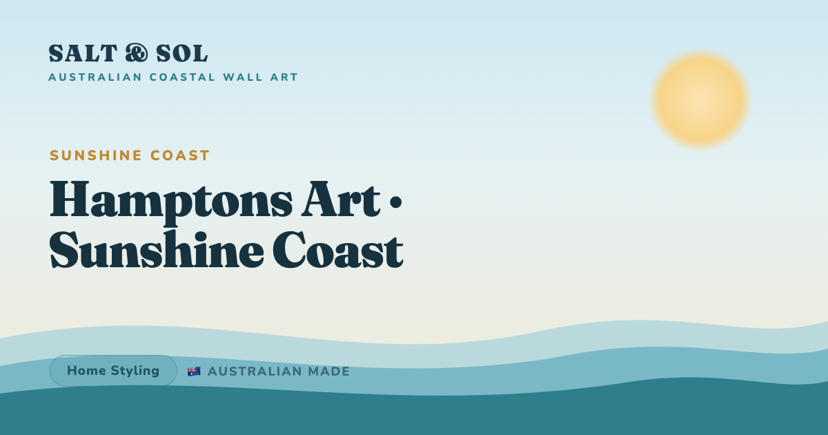Blue and white Hamptons coastal wall art styled in a warm, light-filled Sunshine Coast home