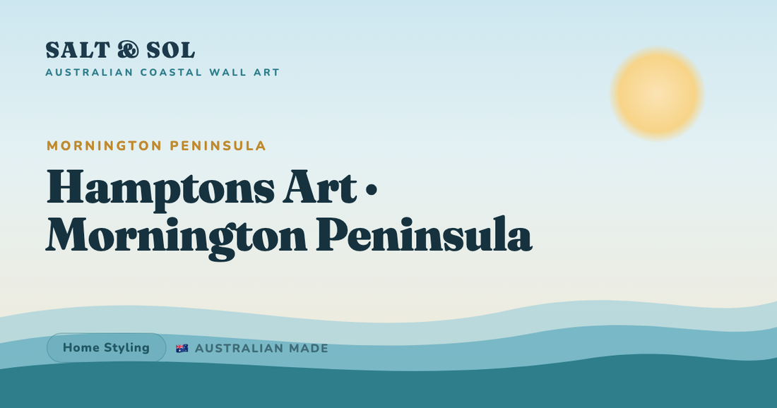 Crisp navy and white Hamptons coastal wall art in a Mornington Peninsula weatherboard beach house