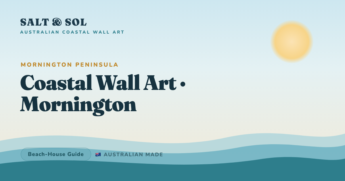 Muted coastal wall art styled in a Hamptons-leaning Mornington Peninsula beach house living room with soft blues and greys