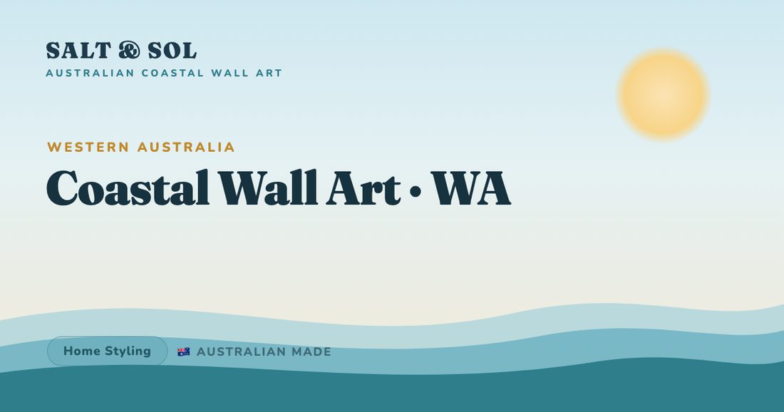 Deep blue Indian-Ocean coastal wall art styled in a bright, open-plan Western Australian home at golden hour
