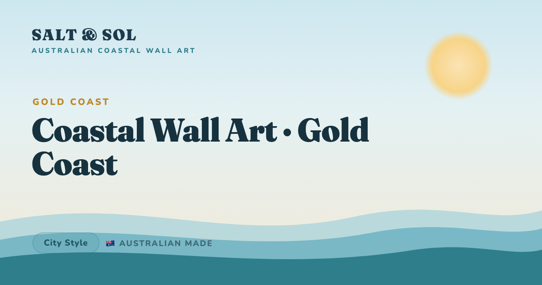 Golden surf beach canvas print styled on the wall of a bright, relaxed Gold Coast beach-house living room