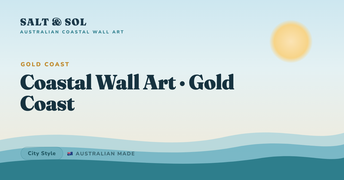 Golden surf beach canvas print styled on the wall of a bright, relaxed Gold Coast beach-house living room