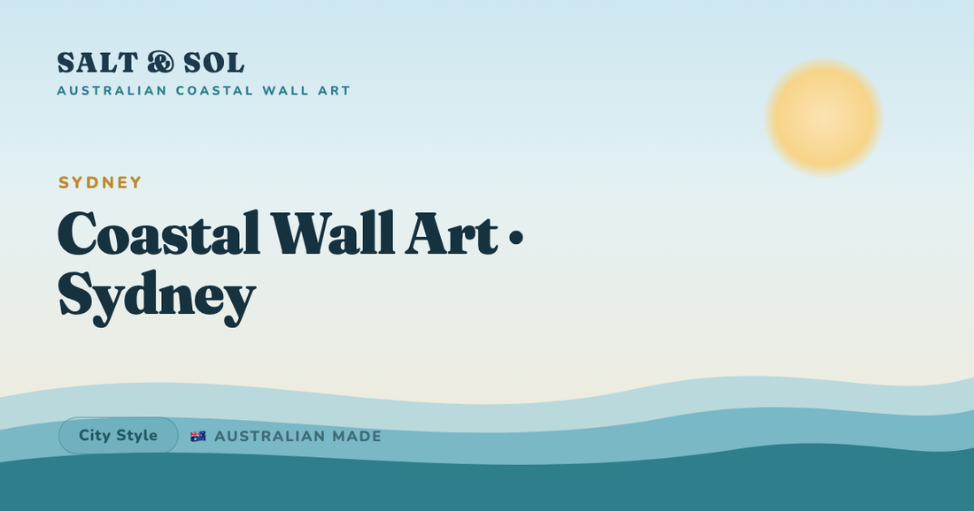 Bright blue coastal seascape canvas print styled on the wall of a light-filled Sydney beach-house living room