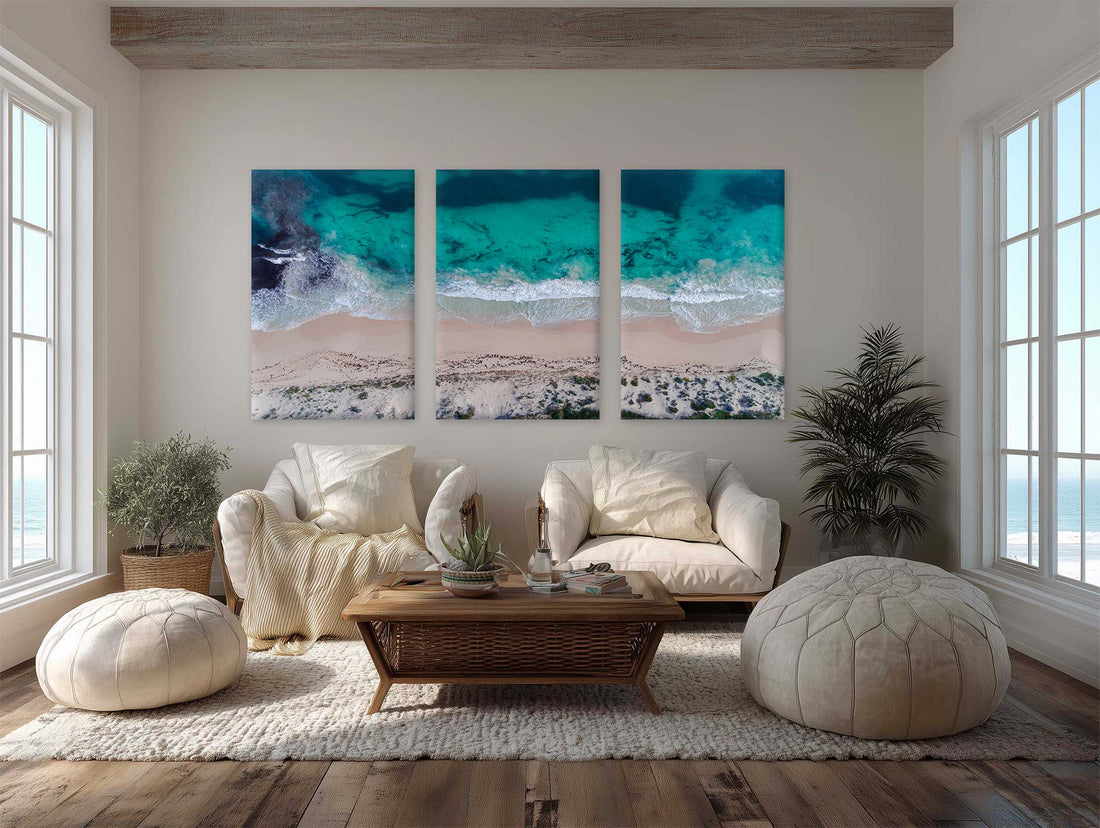 Sovereign Waves triptych composition above a sofa in a coastal Australian living room