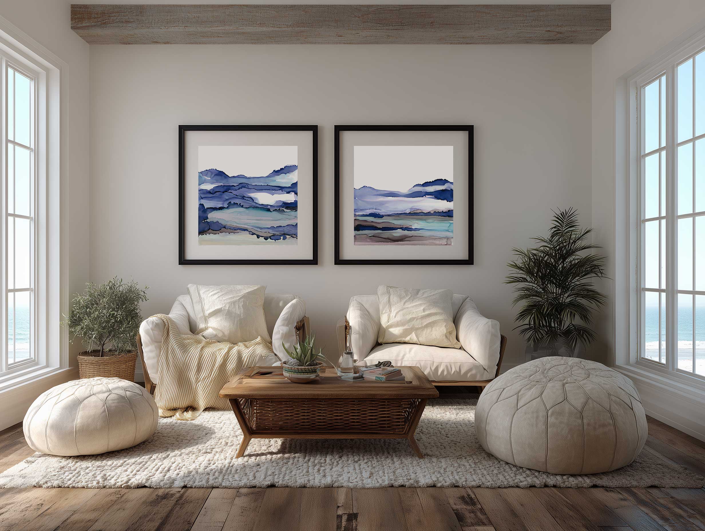 Bluescape diptych framed art in a styled bedroom