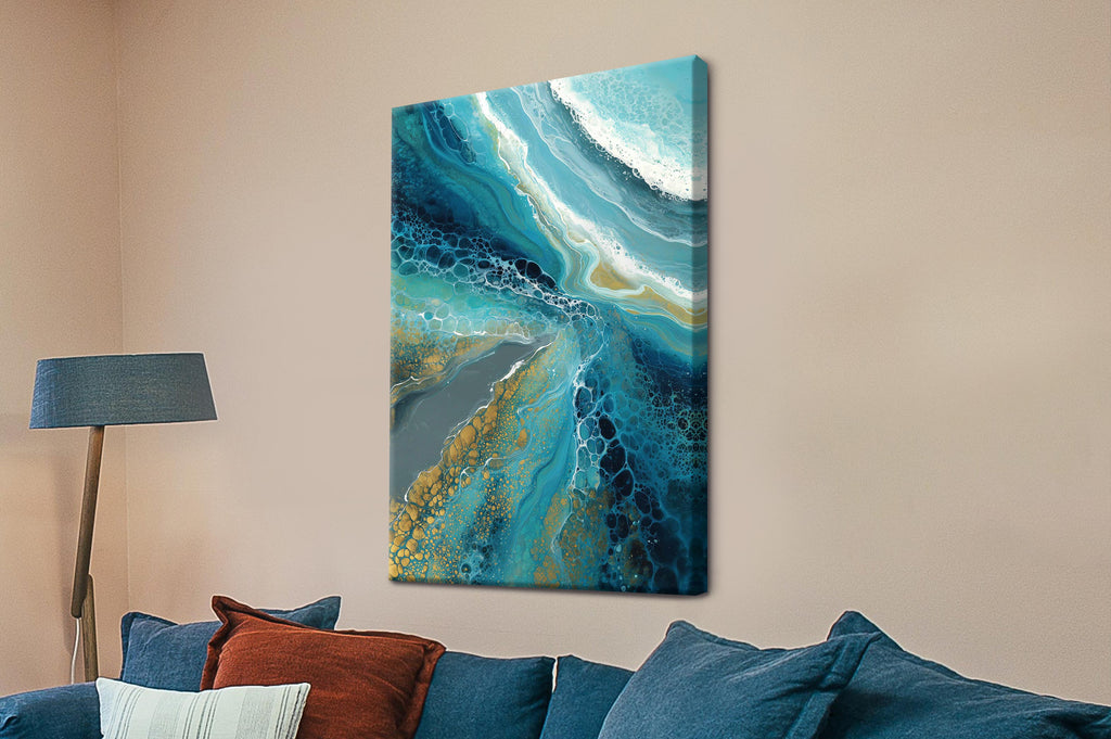 Abstract art painting on a wall above a sofa with colorful cushions.