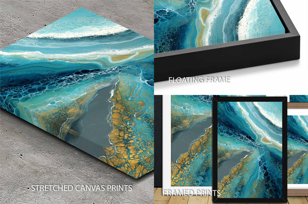 Stretched canvas prints and framed prints of a blue and gold abstract design.