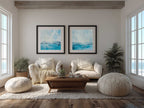 Coastal View I Aqua diptych framed wall art in a coastal bedroom
