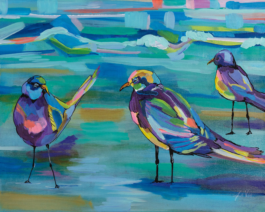 Colorful abstract painting of birds on a multicolored background, called indigo Gulls by Jeanette Vertentes