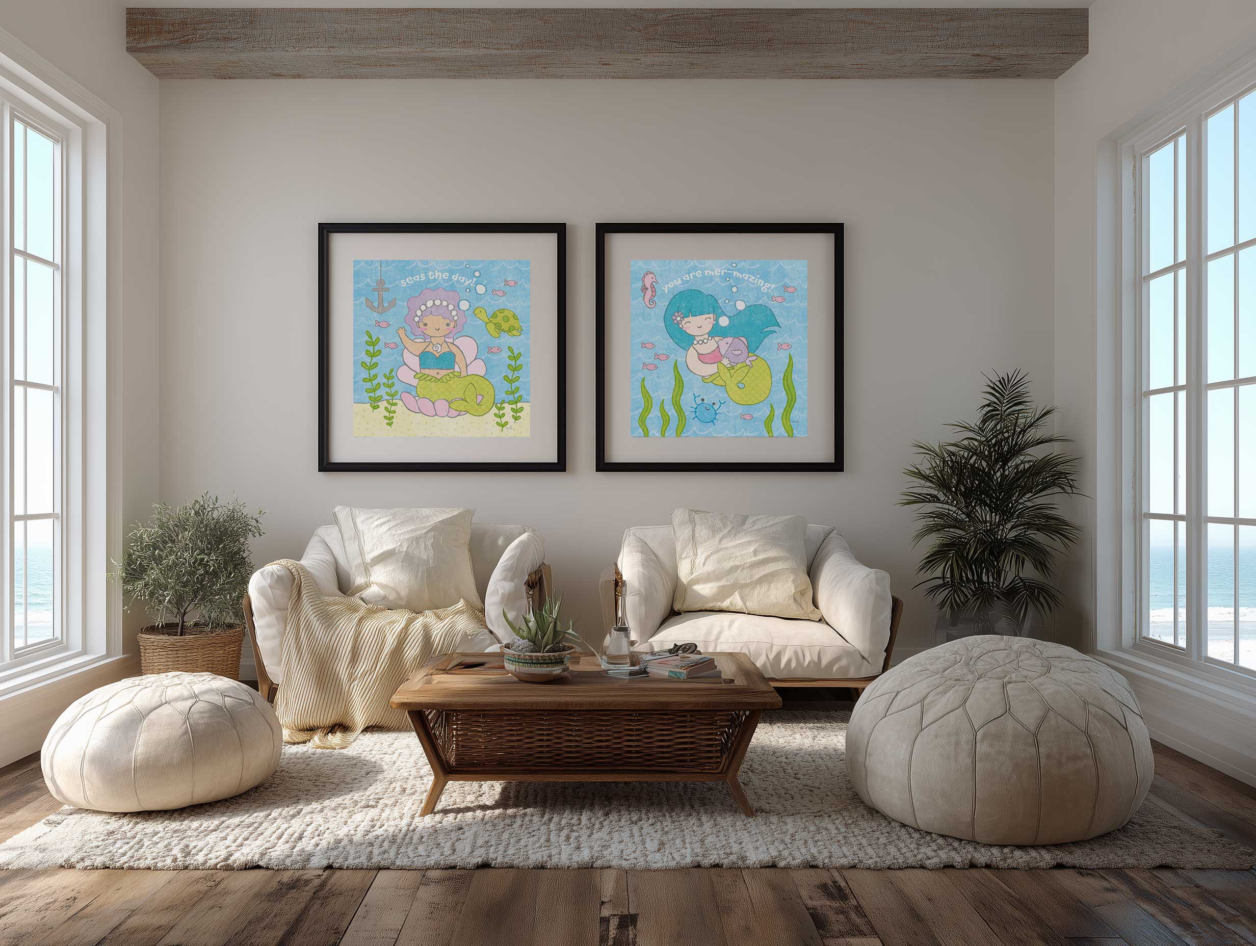 Magical Mermaid III diptych framed in a coastal bedroom