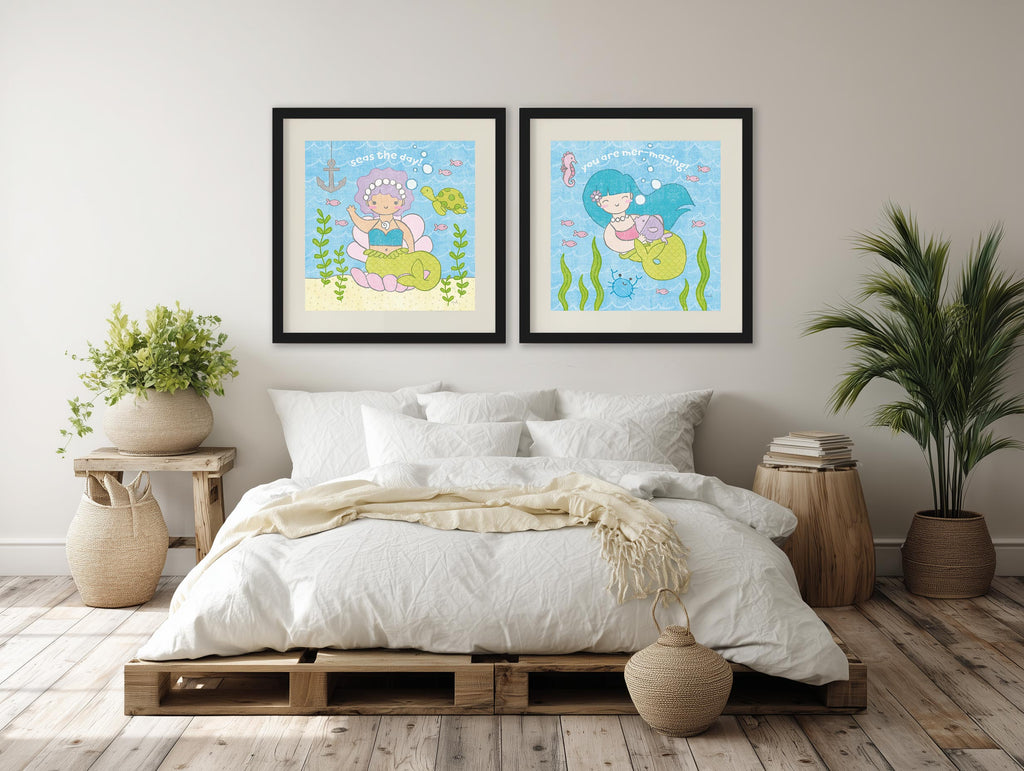 Magical Mermaid III diptych framed wall art in a bedroom