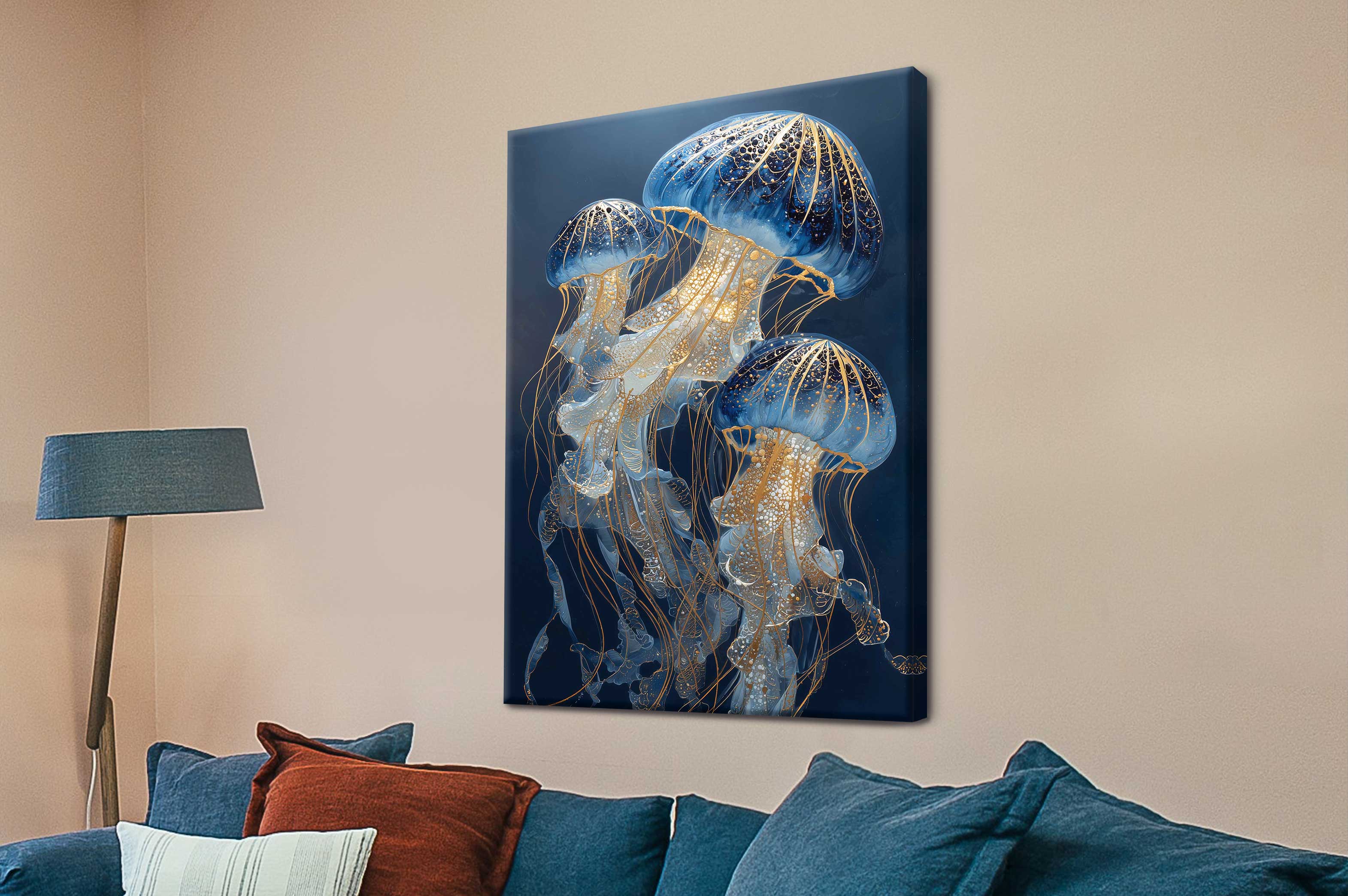 Moonlit Medusae II three-panel jellyfish triptych canvas