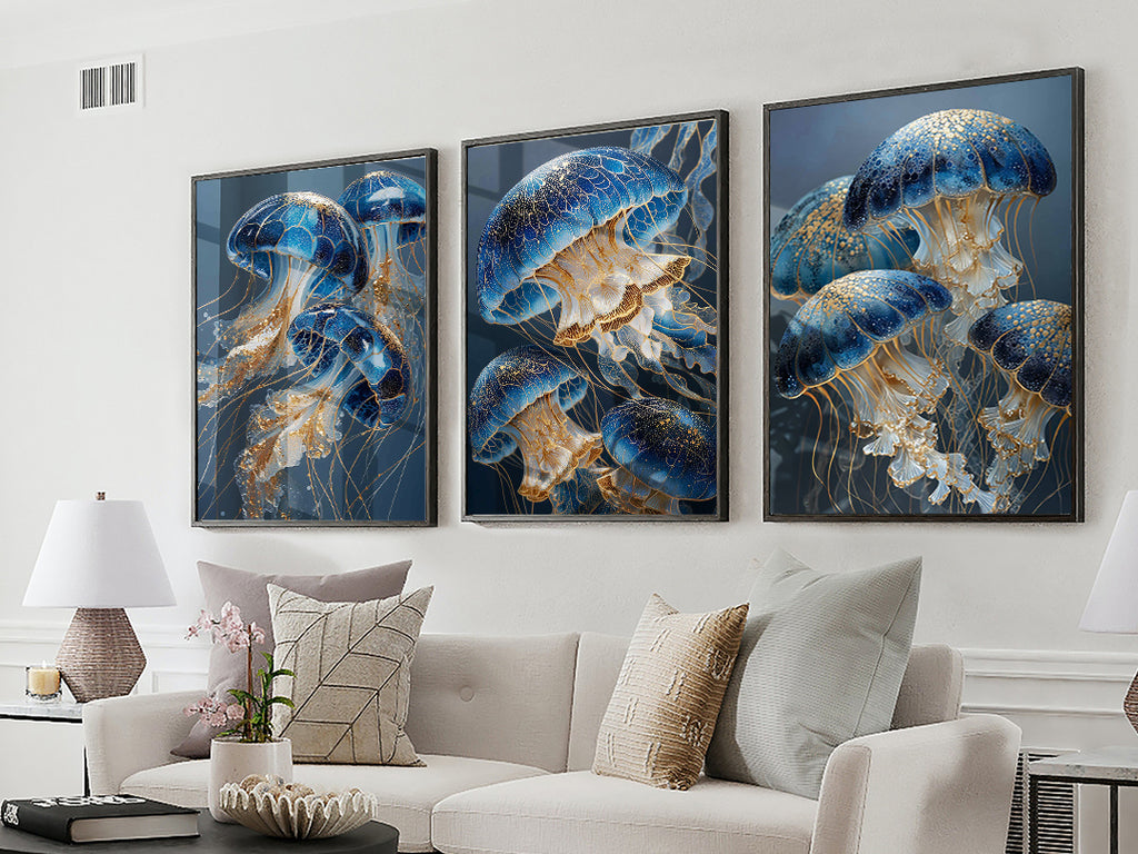 Moonlit Medusae triptych framed wall art in a styled room