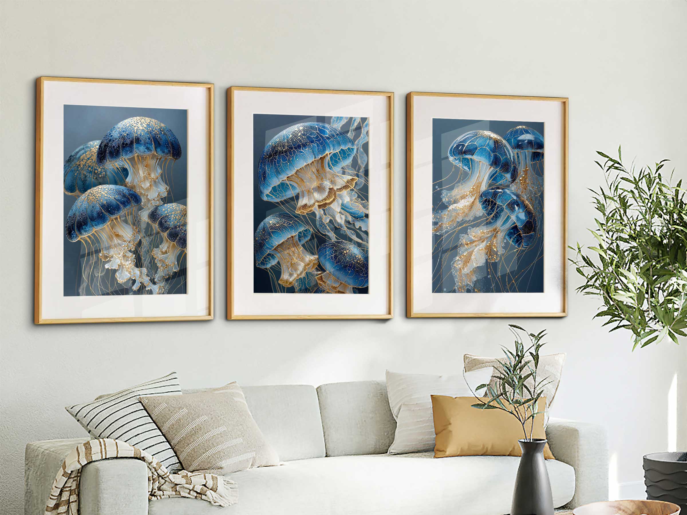 Moonlit Medusae triptych stretched canvas full view