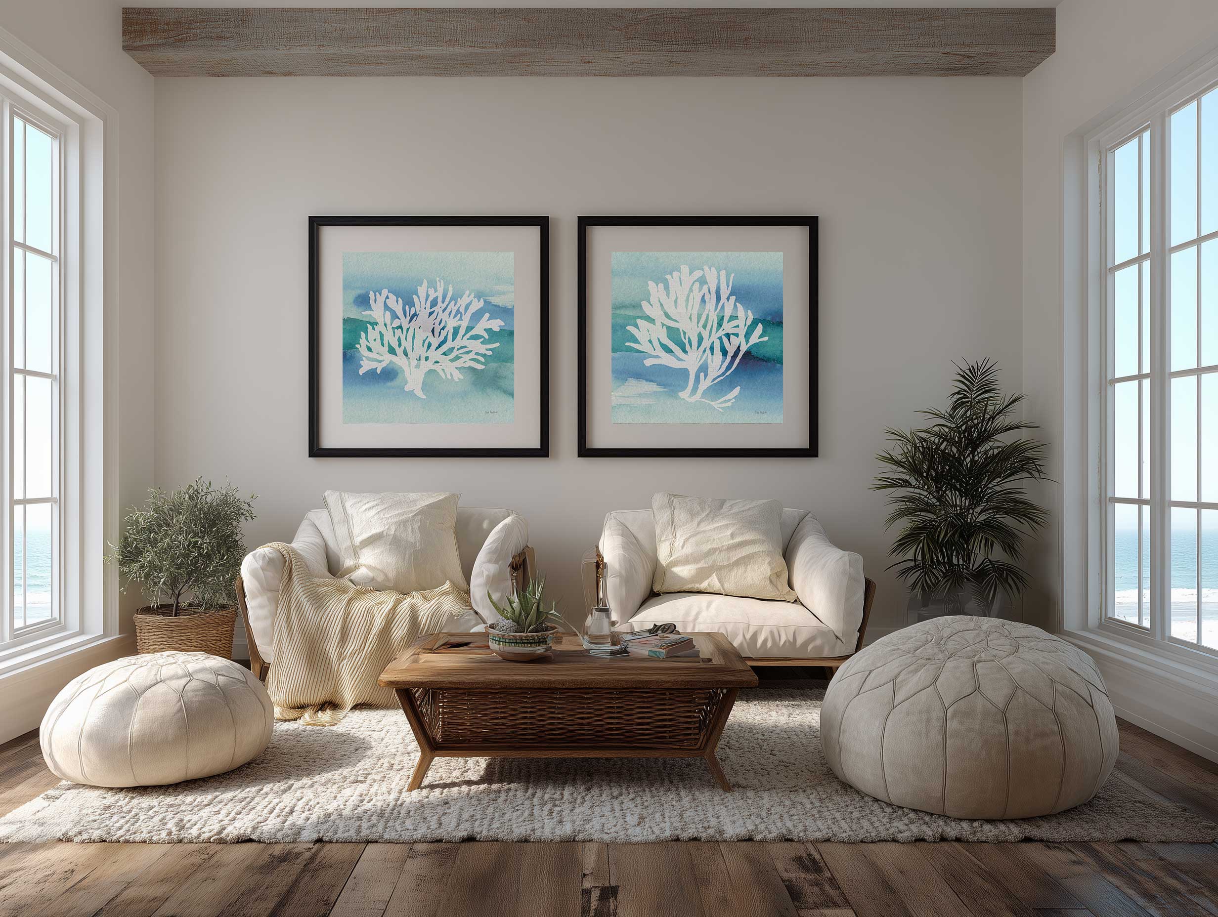 Sea Life Coral II diptych framed in a coastal bedroom