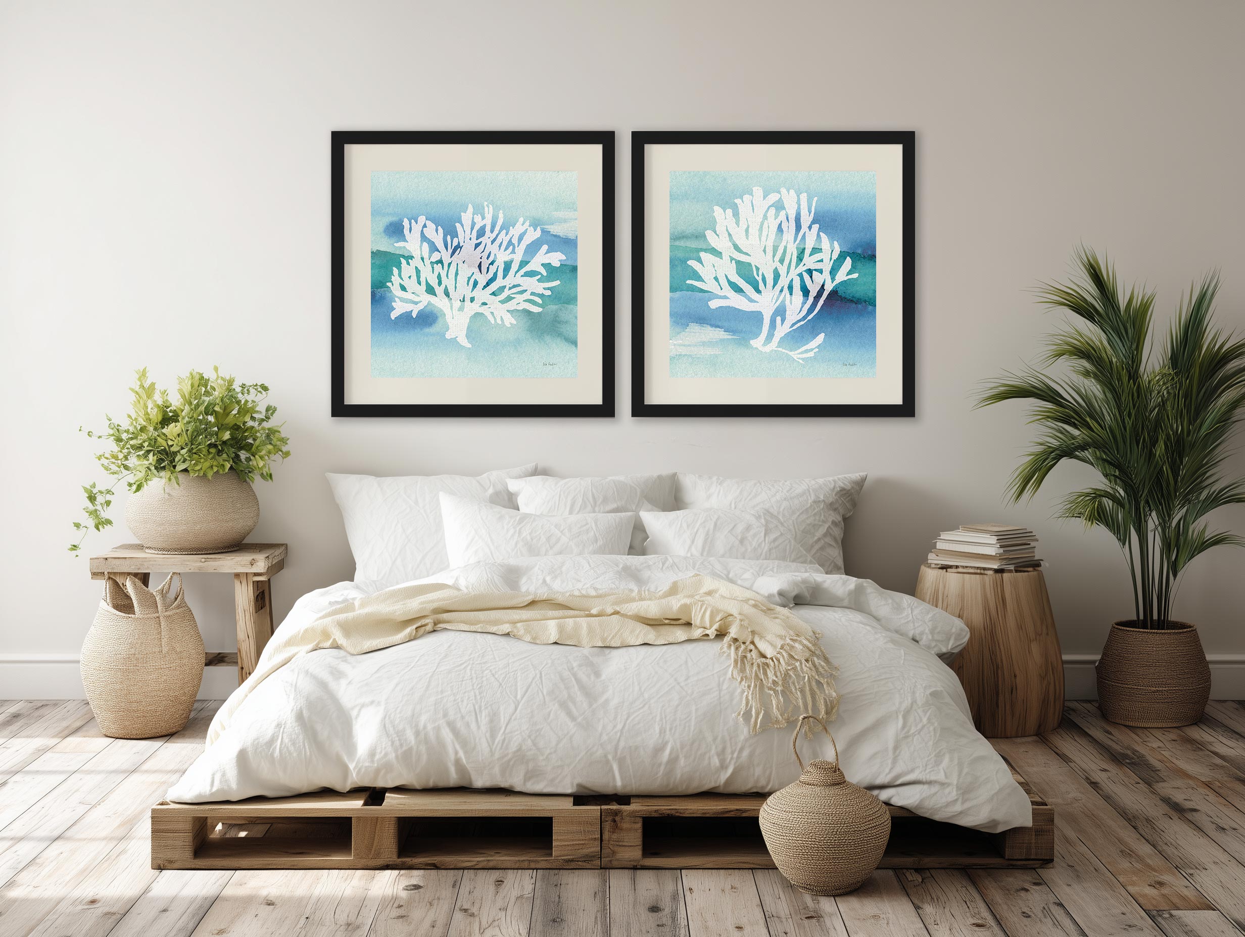 Sea Life Coral II diptych framed wall art in a bedroom