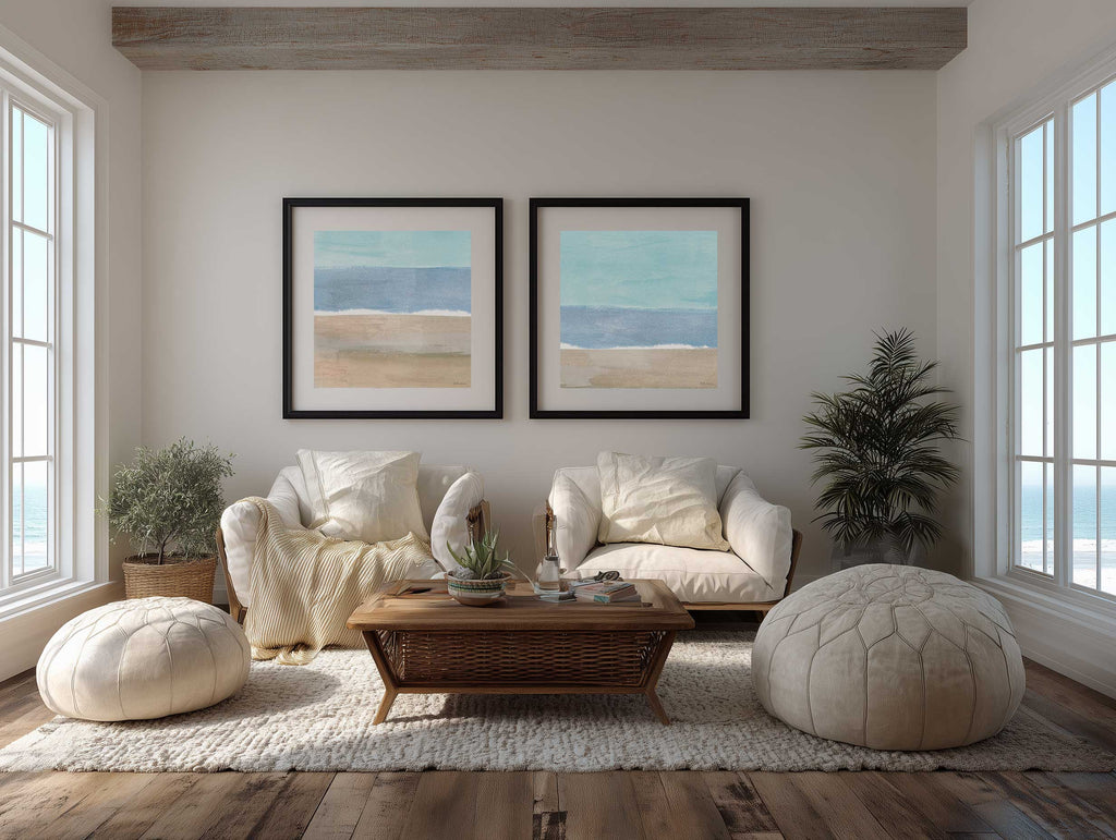 Soft Shores diptych framed in a styled bedroom