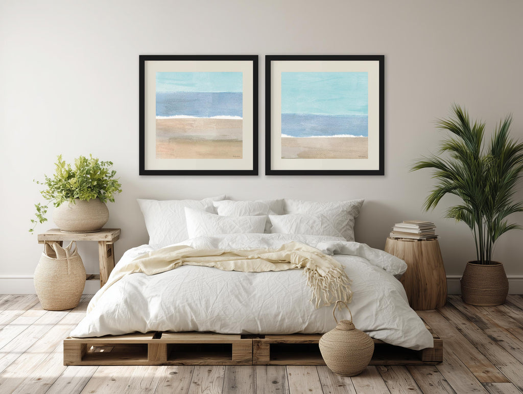 Soft Shores diptych framed wall art in a coastal bedroom