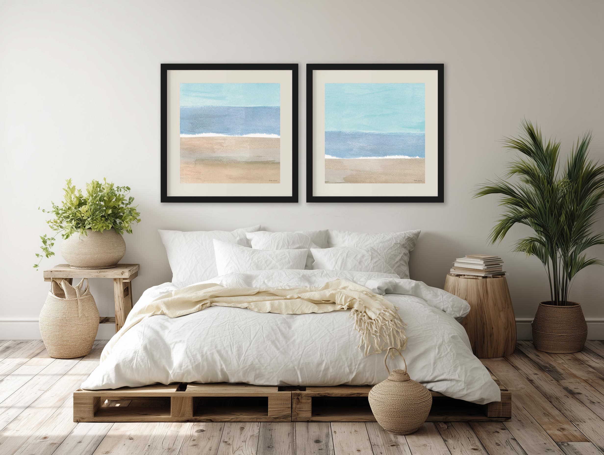 Soft Shores diptych framed wall art in a coastal bedroom