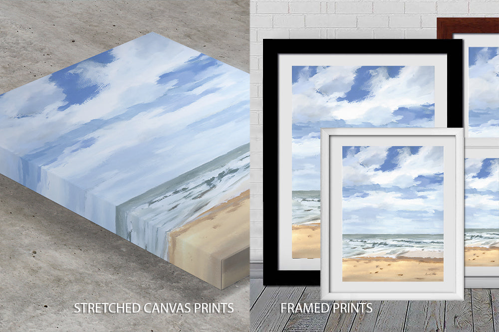 Comparison of stretched canvas prints and framed prints of a beach scene with blue sky.