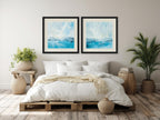 Coastal View I Aqua diptych framed in a styled bedroom
