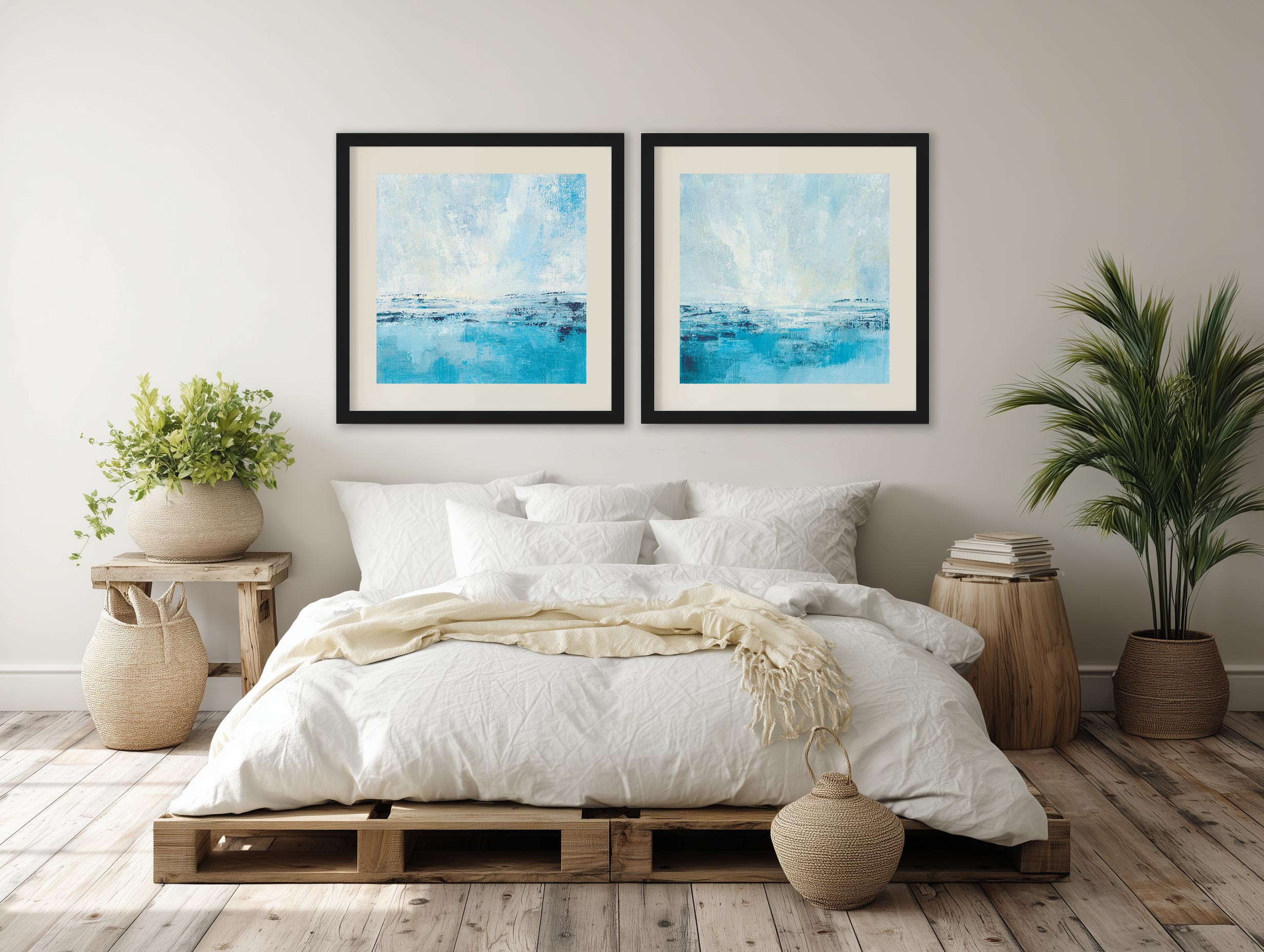 Coastal View I Aqua diptych framed in a styled bedroom