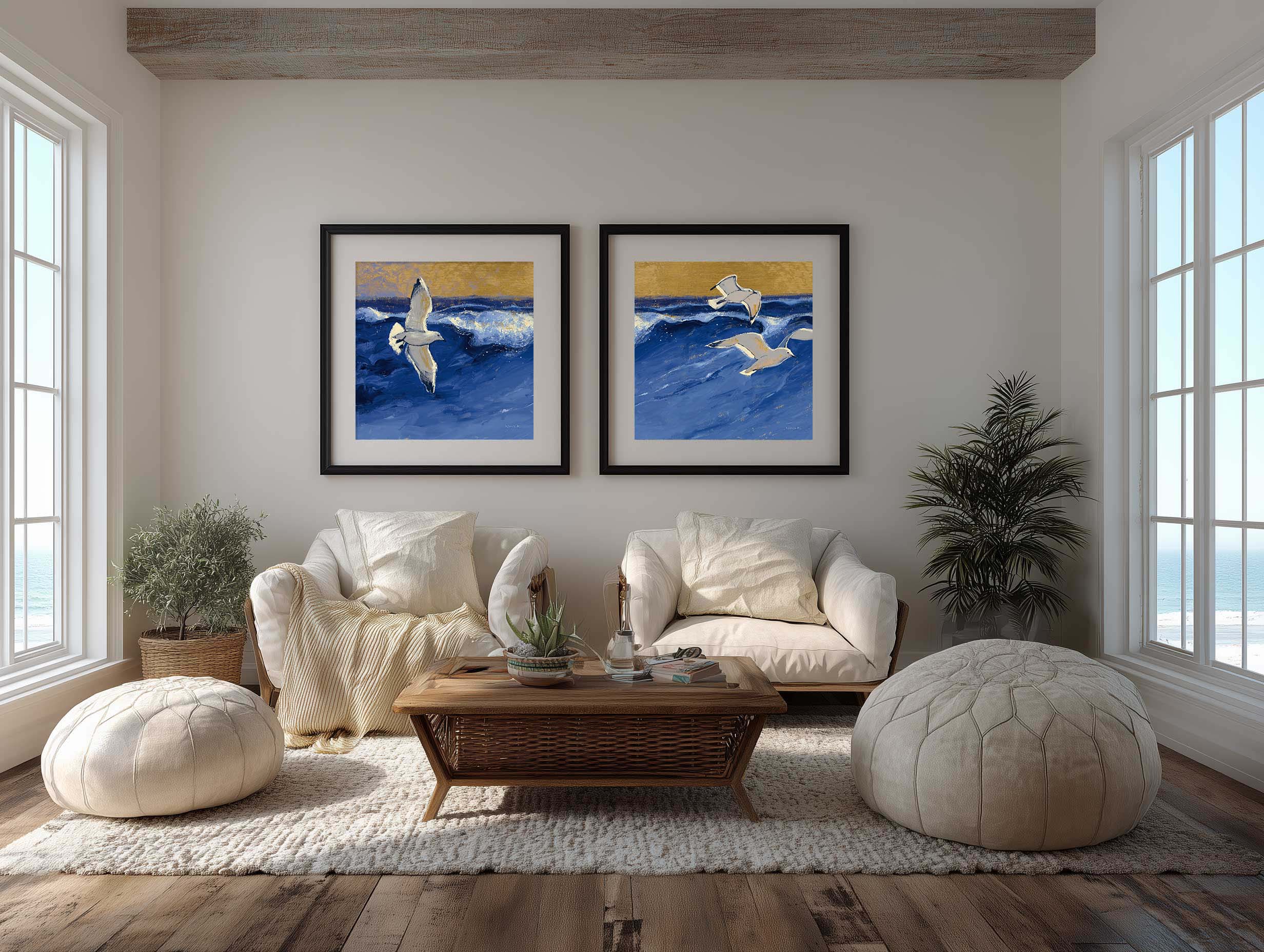 Seagulls With Gold Sky II & III – Square Coastal Diptych