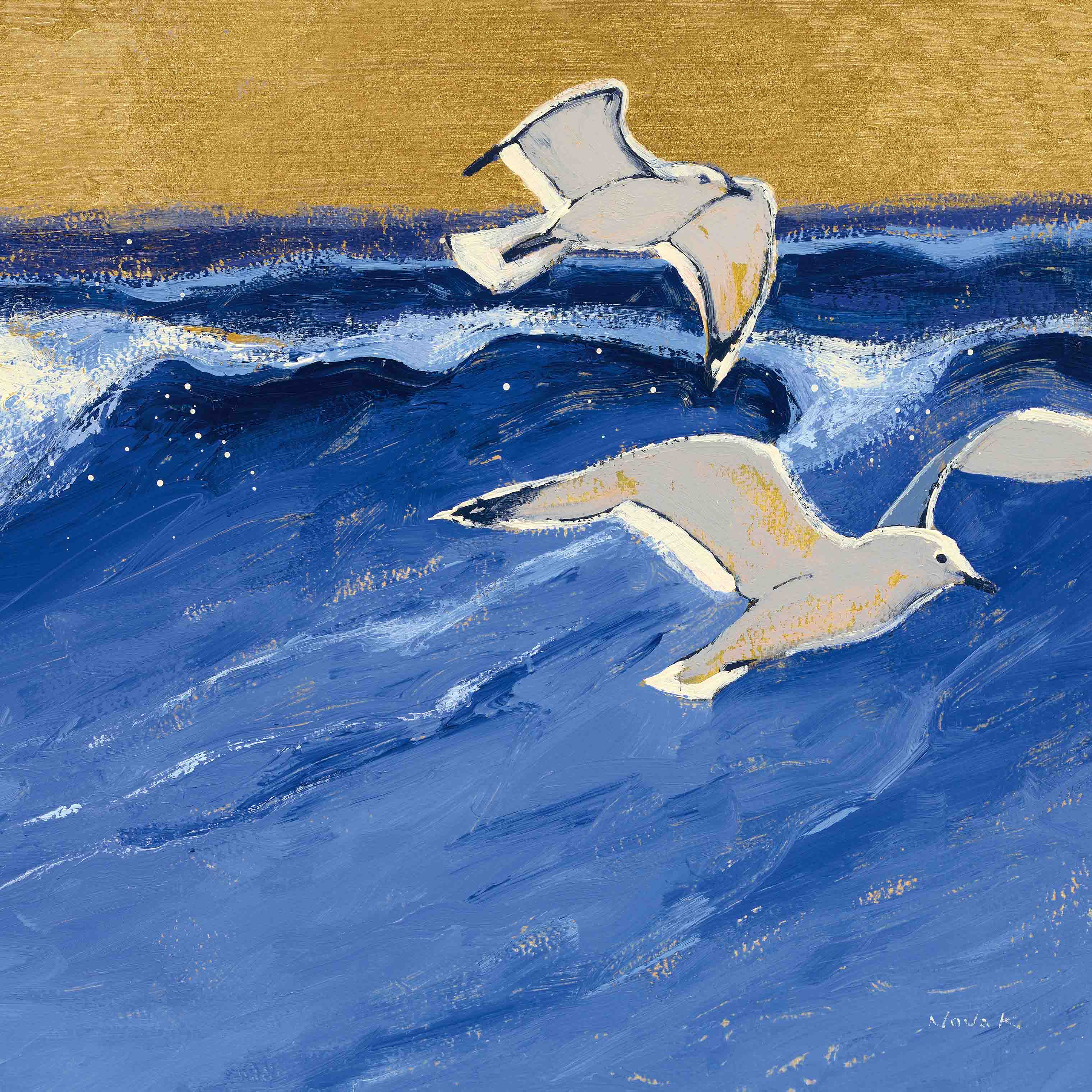 Seagulls With Gold Sky II & III – Square Coastal Diptych