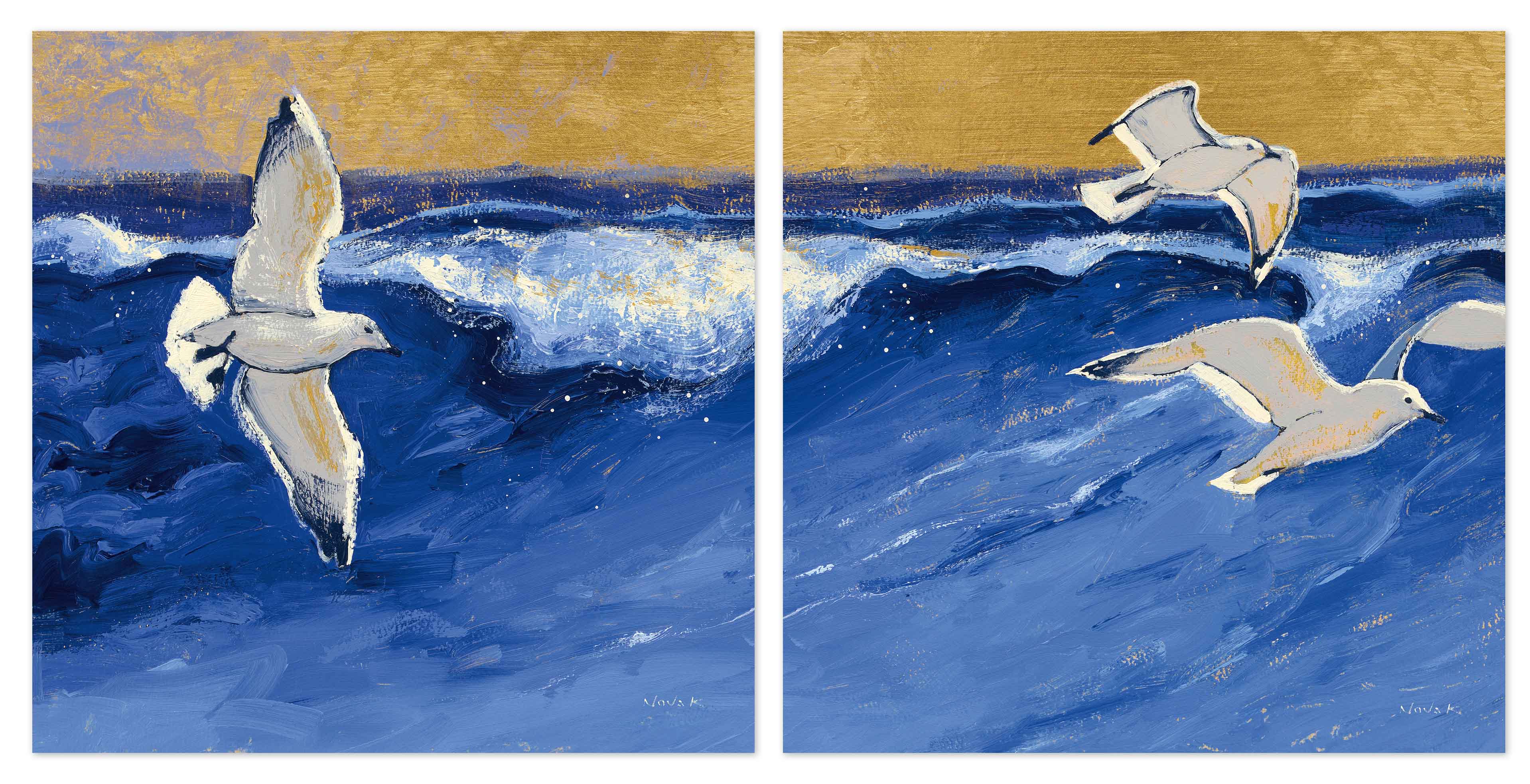 Seagulls With Gold Sky II & III – Square Coastal Diptych